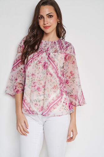 Cream Floral Flared Top, Cream, image 3
